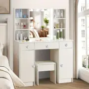 Vanity Makeup Dressing Table Desk With LED Lights Mirror & Stool 6 Open Shelves