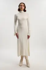 Petite Wool And Alpaca Blend Knit Pleated Silk Woven Cuffs Midi Dress