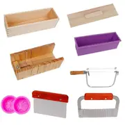 9PCS Silicone Soap Molds Kit,Rectangular Wooden Silicone Soap Mold Cutter SlicerHandmade Soap DIY for Soap Cake Making Wood color