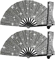 2 Pack Glitter Large Rave Folding Clack Hand Fan with holster for men/women Handheld Fan for EDM, Festival, Club, Party, Dance, Disco, Gift
