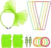 [JasperKino] 80s Fancy Dress Accessories Neon Necklace Bracelet Earrings Fishnet Gloves Leg warmers Headband（Green）