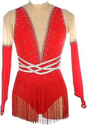 [Zagitova] Figure Skating Dress for Girls Graceful Patchwork Competition Dance Wear with Shiny Rhinestone Tassel