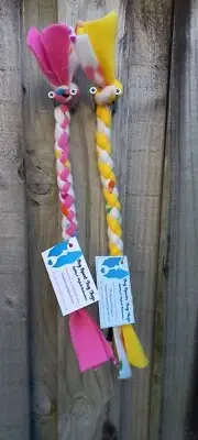 2 Fleece Tug Toys Puppy Small Dog Agility Flyball Pink Yellow 45cm Handmade