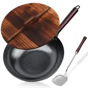Carbon Steel Wok, Stir Fry Pan Flat Bottom Pan, Iron Wok with lid, for Electr...