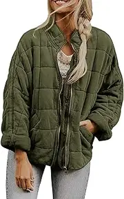 [Generic] Women's Quilted Puffer Jacket, Army Green, Zip Front, Stand Collar Quilted casual long sleeved jacket, loose and warm cotton jacket