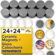 Ceramic Magnets for Crafts with Transparent Glass Cabochons - Clear Glass Dome 2,5 cm and Ferrite Magnets 1,8 cm Round Disc - Small Refrigerator Magnets and Cabochons Tiles for Fridge - 24 PCs