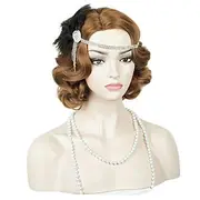 Brown 1920S Flapper Wavy Wig Finger Wavy Vintage Wig Side Parting 1960S Vintage Wig Curl Wavy Wig Cosplay Wig Platinum Wig Vintage Wig for Lady Costume Wig(Onl