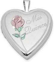 [JewelryWeb] 925 Sterling Silver Etched Polished Holds 2 photos 20mm Enameled Rose Mis Quince Love Heart Locket