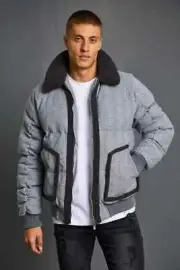 $160 Boohoo Herringbone Borg Collar Puffer Aviator Jacket - GREY MARL - Size L
