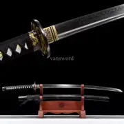 Real Katana Japanese Samurai T10 Steel Clay Tempered Sword Sharp Black Scabbard.