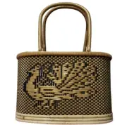 Hand-woven rattan basket, oval shape, peacock pattern, OTOP product, souvenir