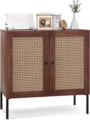 Giantex Buffet Cabinet, Wood Sideboard Storage Cabinet with Rattan Door, 3-Position Adjustable Shelf, Freestanding Coffee Bar Accent Cabinet, Kitchen Cupboard Organizer for Living Room (1, Walnut)