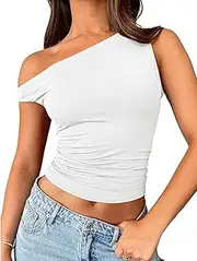 [ABINGOO] Tank Tops Women's Sexy Sleeveless Off Shoulder Summer Tops Y2K Slim Fit Basic Crop Top Plain One Shoulder Top