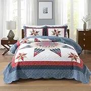 VISIMISI Cotton Bedspread Quilt Bedding Sets 3 Pieces Reversible Coverlets Real Patchwork Star Red Blue Bedspread (Blue red Star, King Size)