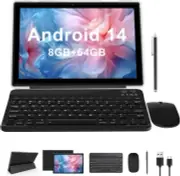 2 in 1 Tablet 10" Android 14 OS 64GB 8GB Ram Tablets with Keyboard, Mouse, Case