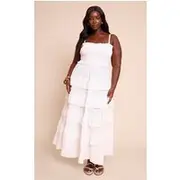 Plus White Textured Shirred Tiered Maxi Dress, White