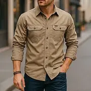 Men's Casual Shirt Work Shirt Button Up Shirt Dark Navy khaki Light Grey Army Green Long Sleeve Solid / Plain Color Lapel Vacation Holiday Button-Down Clothing