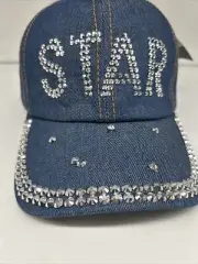 Blue Denim Studded Ladies Jeweled Ball Cap Hat with Adjustable Strap STAR
