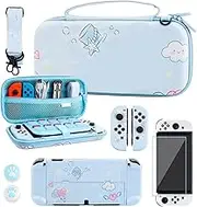 RHOTALL Cute Carrying Travel Case for Nintendo Switch OLED ,Blue Strap ,Scratch Shockproof Slim Cover Case ,Screen Protectors and 2 Thumb Grip caps- Blue dog