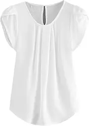 [Milumia] Women's Casual Round Neck Basic Pleated Top Cap Sleeve Curved Keyhole Back Blouse