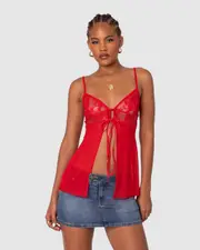 EDIKTED Womens Mimosa Sheer Lace Long Tank Top RED