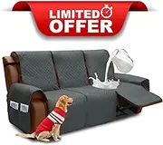 XINEAGE Water Resistant Recliner Cover, 3 seat Recliner Sofa Covers with Pockets, Quilted Thick Recliner Protector Cover for Dog Pets with Non Slip Backing and Strap (Recliner Sofa, Dark Gray)