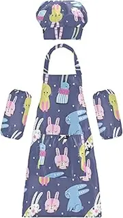AIXIWAWA Kids Apron Chef Hat Set, Child Kitchen Bib Aprons Adjustable for Cooking Baking Painting (Cartoon Bunny)