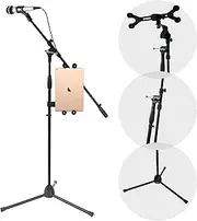 Multimedia iPad and Microphone Stand - Universal Mic Holder Adjustable Extender Bar and Multi-Mount Boom Clip w/ Universal Tablet or iPad Griper Starter Kit - Sturdy and Durable - Pyle PMKSPAD1