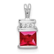 14k White Gold Square Ruby and Real Diamond Pendant