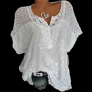 Women's Shirt Lace Shirt Blouse Eyelet top Chiffon Streetwear Basic Casual Embroidered Short Sleeve Regular Tops V Neck Daily Going out Weekend Black White Red