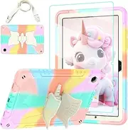 [TOMORRY] Case for Samsung Galaxy Tab A9+/A9 Plus 11 inch 2023 with Tempered Glass Screen Protector, Unicorn Stand Shoulder Strap, Shockproof Tablet Case for Kids Girls (Colourful Rose)