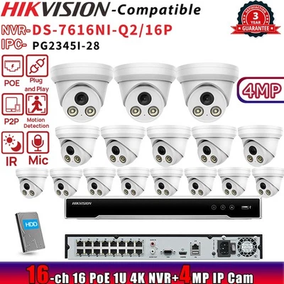 Hikvision 16CH NVR DS-7616NI-Q2/16P 16POE IR30M Turret 4MP IP Camera Systems Lot