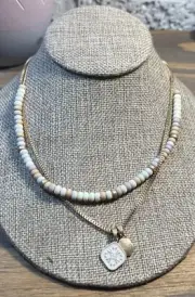 Universal Thread Necklace Double Strand Gold Tone Chain & Beads White Brown