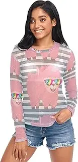 [RPLIFE] Cute Pink Alpaca Stripe Mesh Top Long Sleeve, Long Sleeve Sequin Tops for Women Party S-XXL