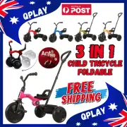 3in1 Toddler Kids Ride On Toy Balance Bike Qplay Folding Tricycle Child Stroller