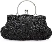 [UBORSE] Beaded Sequin Design Flower Wedding Evening Purse Vintage Large Clutch Bag Black Size: Large