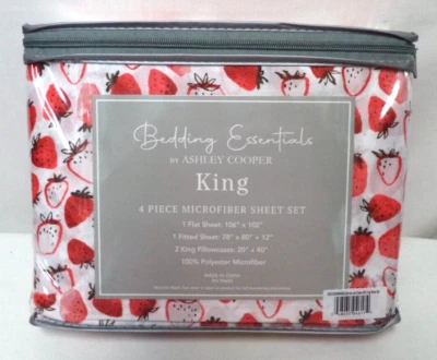 Ashley Cooper Strawberry red white 4 piece Micro Fiber King sheet set NEW NWT