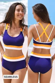 Cupshe Sporty Crossback Seamless Bikini Top & High-Waisted Bottoms - Navy,L