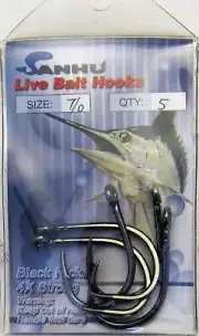 Four (4) Packs Sanhu Fishing 4X Live Bait Fish Hooks 5 Per Pack Size 7/0