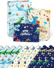 WERNNSAI Dinosaur Wrapping Paper - 10 Sheets Gift for Boys Girls 3 Styles Patterns Wrap Rolls Happy Birthday Dino Party Favor Present (20’’ x 27’’/ Sheet) sheet-Birthday-Blue