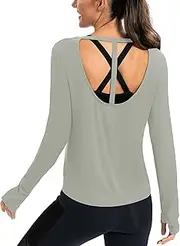 [Fihapyli] ICTIVE Womens Long Sleeve Shirt Workout Athletic Gym Hiking Tech Stretch Muscle Open Back Tops with Thumb Hole Light Gray