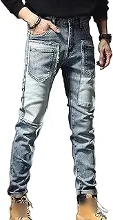 [Zylphorix] Men Multi Pocket Slim Feet Denim Pants Mid Waist Patch Stretch Skinny Jeans Y2K Casual Motorcycle Pencil Trousers, Blue, 33