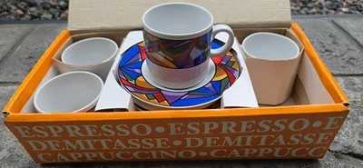 NOS Vintage SAKURA Sunset Mountain Espresso Demitasse Cups & Saucers 1993 SET 4
