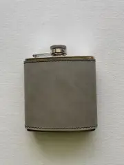 FLASK 6 Oz, Gray Solid Leather, Stainless Steel Attached Screw Cap Hip Pocket