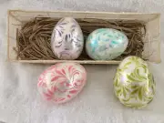 MacKenzie Childs *SET 4* BUNNY HOP EASTER EGGS w/Mesh Crate PASTEL CAPIZ *NEW*