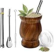 Proxima Direct Yerba Mate Gourd Cup Set 8 oz Stainless Steel Double Wall Traditional Mate Cup Tea Cup Set Includes 2 Bombillas Yerba Mate Straws, Cleaning Brush & Lid (Wood)