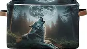 Howling Wolf Moon Closet Shelf Organizer, Foldable Decorative Fabric Storage Bins with Handles for Home/office