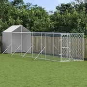 Outdoor Dog Kennel with Lockable Dog and Cover, Metal Pet Pens Dogs Run Enclosure Animal Hutch Metal Coop Fence for Outdoor Backyard Farm Use, Silver 2x10x2.5 m