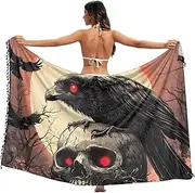 [XYMZR] Women's Sarong Swimsuit Coverups Raven Skull Scary Chiffon Bikini Wraps Skirt with Tassels L