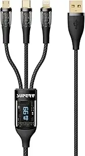 SUPERV 3-in-1 USB Cable with Digital Display, Nylon Braided USB A to USB Type C/Lightning/Micro USB 3.937ft, 66W Fast Charging for iPhone 15, Galaxy S24, MacBook Pro, and More